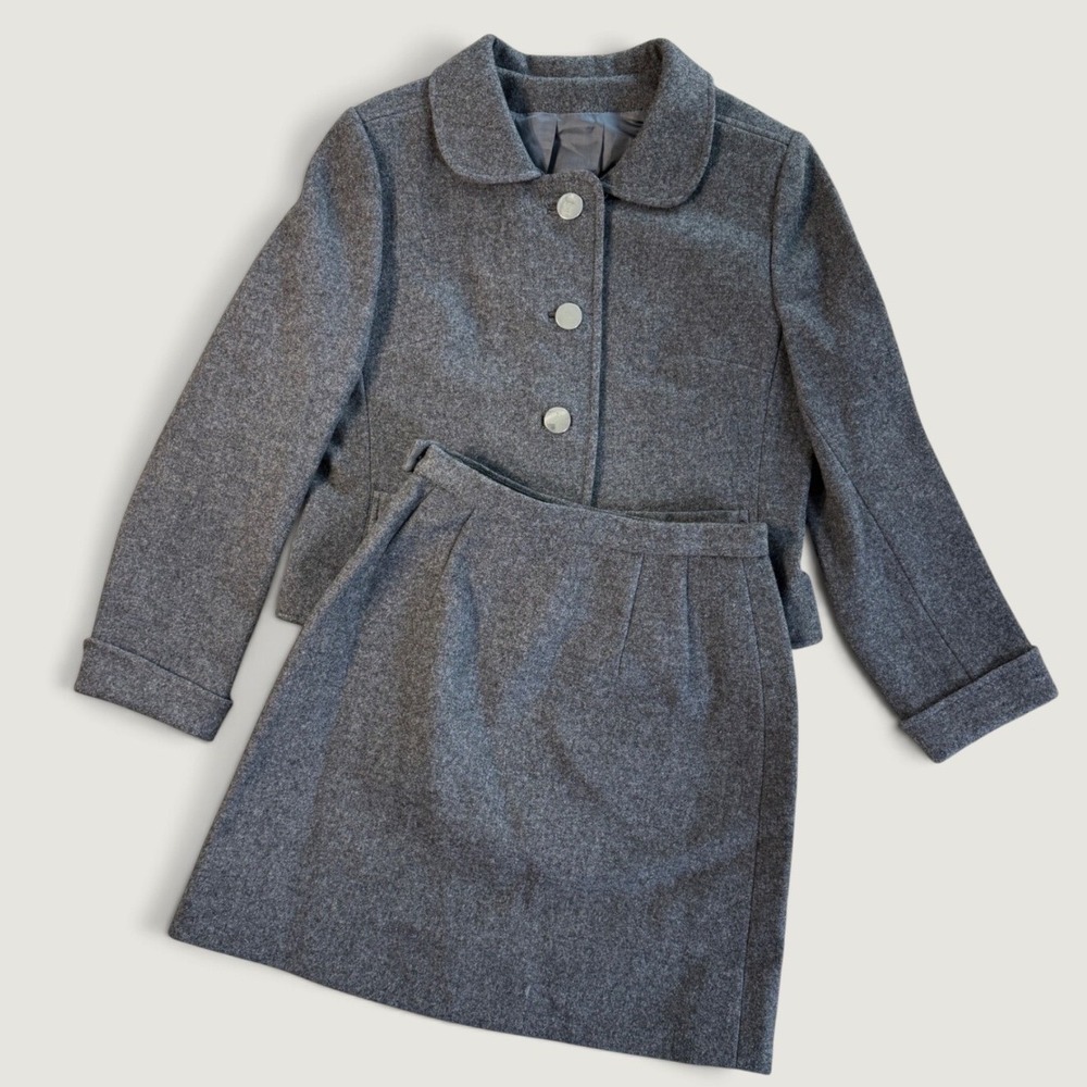 Vintage 100% Wool Skirt Suit Charcoal Grey Peter Pan Collar Jacket Set